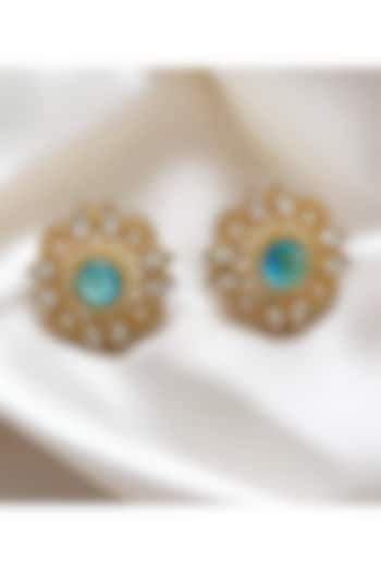 Gold Finish Kundan Polki & Blue Stone Stud Earrings by Jovi Jewels at Pernia's Pop Up Shop