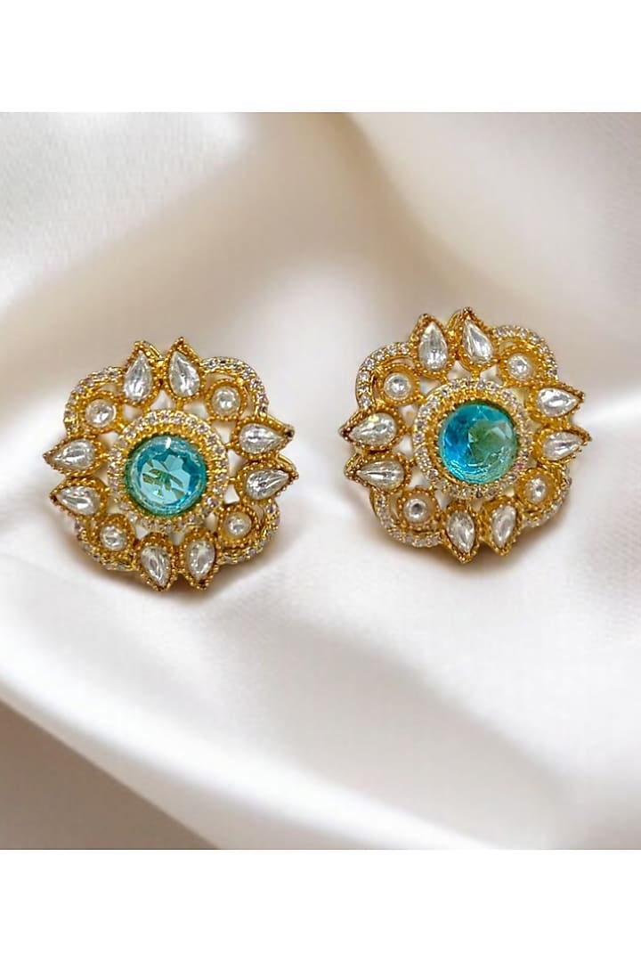 Gold Finish Kundan Polki & Blue Stone Stud Earrings by Jovi Jewels at Pernia's Pop Up Shop