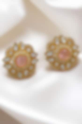 Gold Finish Kundan Polki & Rose Pink Stone Stud Earrings by Jovi Jewels at Pernia's Pop Up Shop