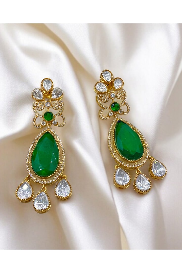 Gold Finish Kundan Polki & Emerald Stone Dangler Earrings by Jovi Jewels at Pernia's Pop Up Shop