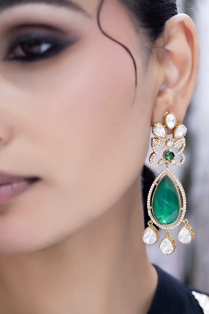 Gold Finish Kundan Polki & Emerald Stone Dangler Earrings by Jovi Jewels at Pernia's Pop Up Shop
