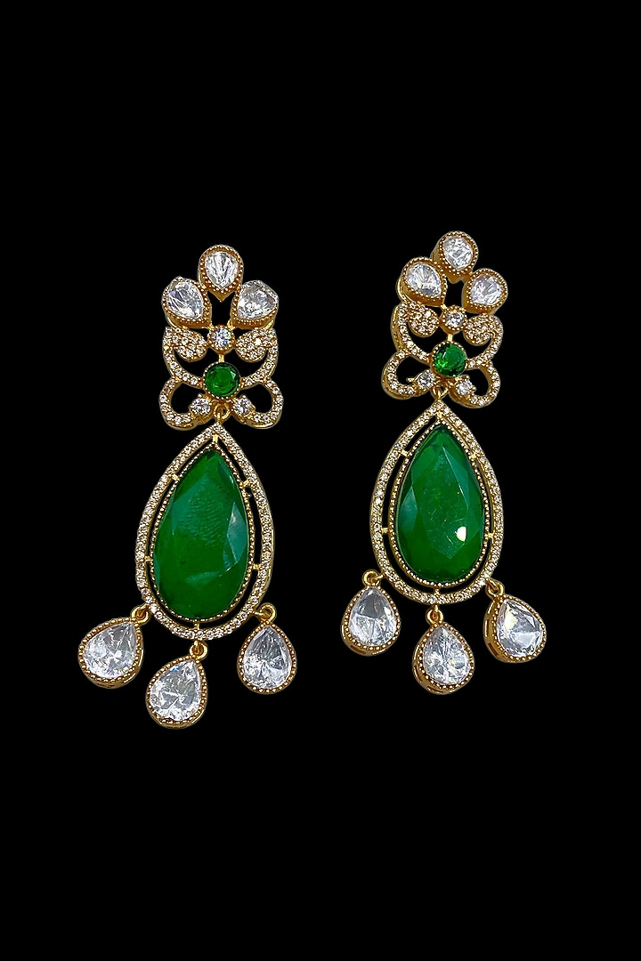 Gold Finish Kundan Polki & Emerald Stone Dangler Earrings by Jovi Jewels at Pernia's Pop Up Shop