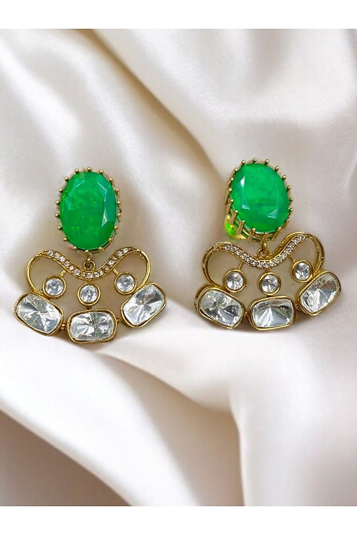 Gold Finish Kundan Polki & Emerald Stone Dangler Earrings by Jovi Jewels at Pernia's Pop Up Shop
