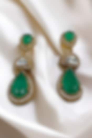 Gold Finish Kundan Polki & Emerald Stone Dangler Earrings by Jovi Jewels at Pernia's Pop Up Shop