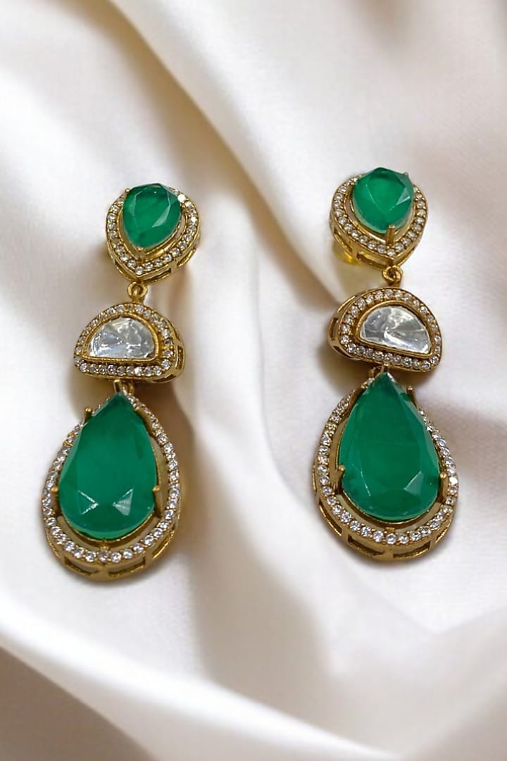 Gold Finish Kundan Polki & Emerald Stone Dangler Earrings by Jovi Jewels at Pernia's Pop Up Shop