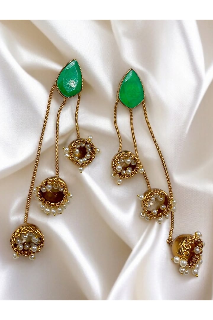 Gold Finish Emerald Stone Jhumka Earrings by Jovi Jewels at Pernia's Pop Up Shop