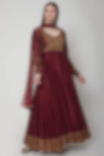 Maroon Embroidered Wedding Anarkali Set by Joy Mitra at Pernia's Pop Up Shop