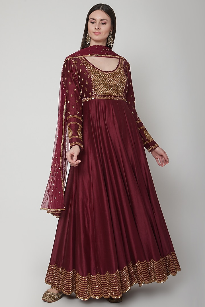 Maroon Embroidered Wedding Anarkali Set by Joy Mitra at Pernia's Pop Up Shop
