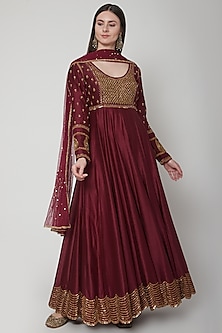 Maroon Embroidered Anarkali Set Design by Joy Mitra at Pernia's Pop Up ...