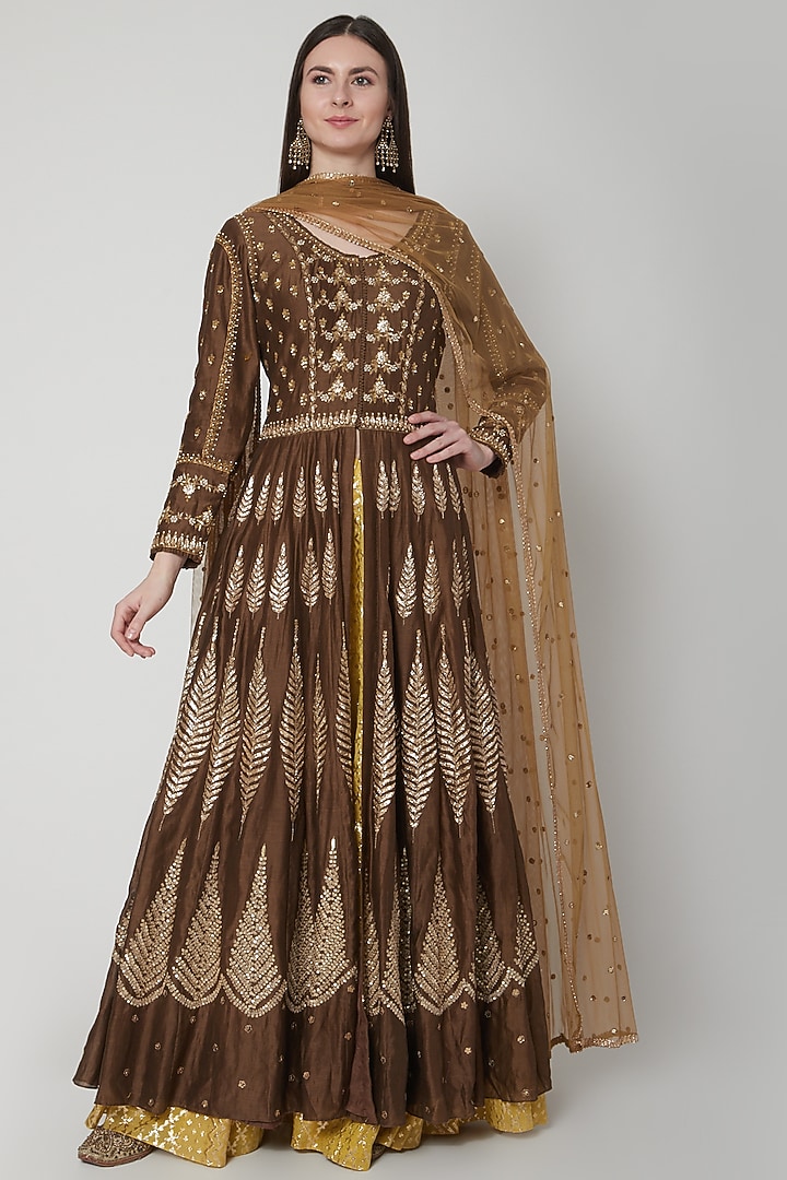 Brown Embroidered Bridal Anarkali Set by Joy Mitra at Pernia's Pop Up Shop