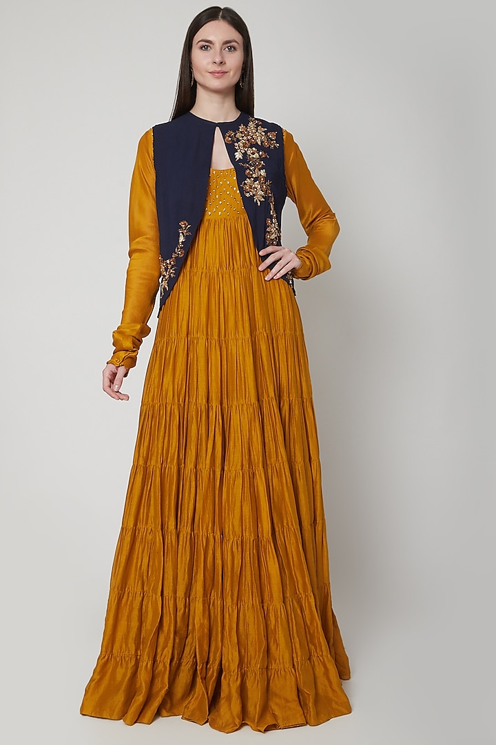 Blue Embroidered Top With Mustard Anarkali & Pants by Joy Mitra