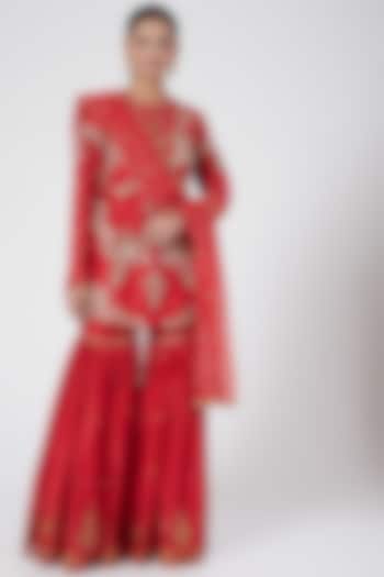 Red Handwoven Chanderi Zardosi Embroidered Gharara Set by Joy Mitra