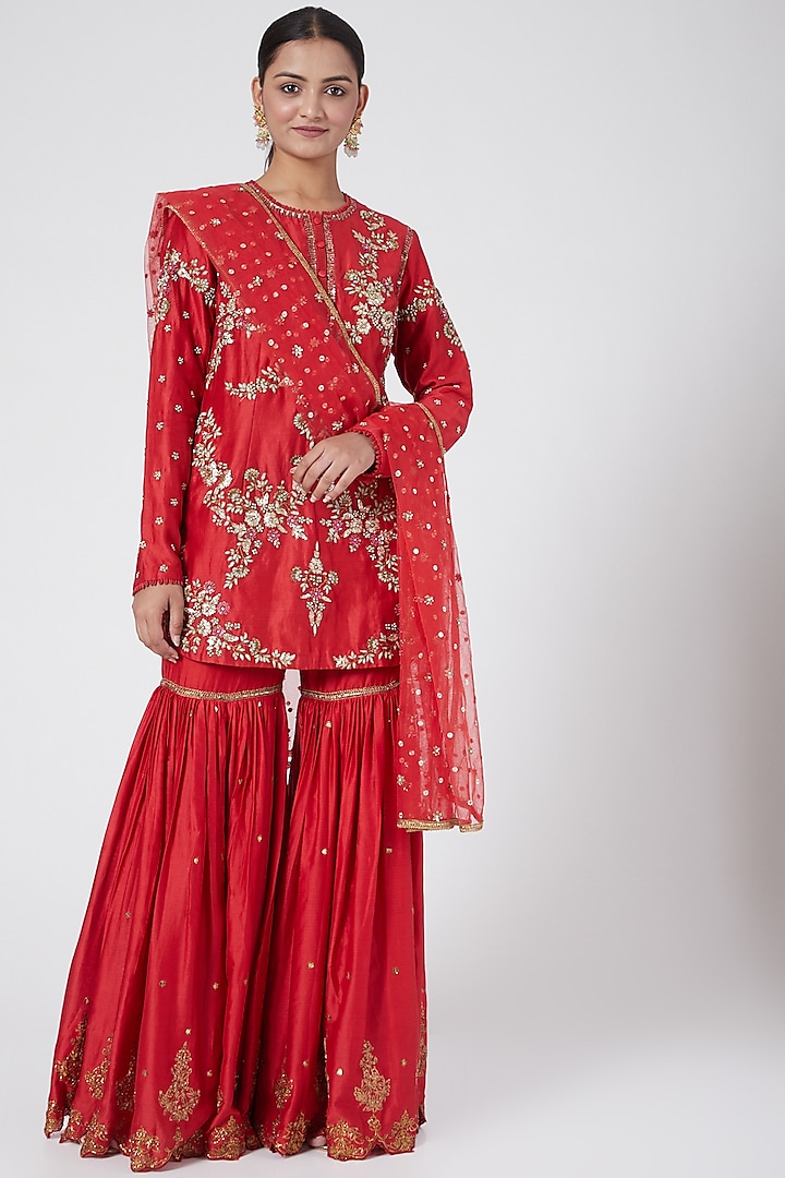 Red Handwoven Chanderi Zardosi Embroidered Gharara Set by Joy Mitra