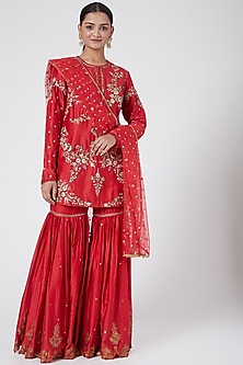 Red Hand Embroidered Gharara Set Design by Joy Mitra at Pernia's Pop Up ...
