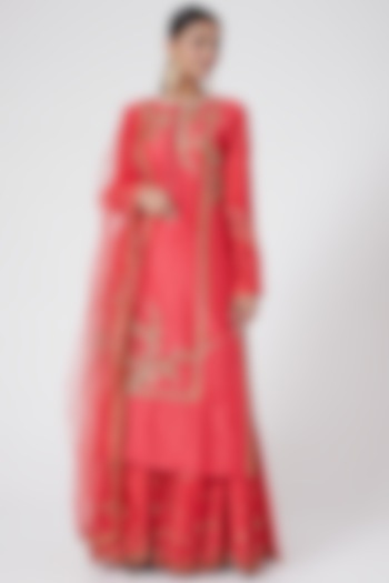 Tomato Red Hand Embroidered Gharara Set by Joy Mitra