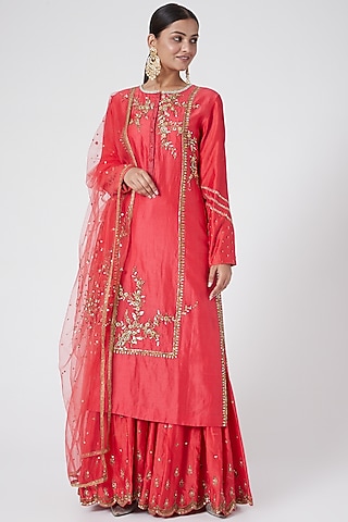 Tomato Red Hand Embroidered Gharara Set by Joy Mitra