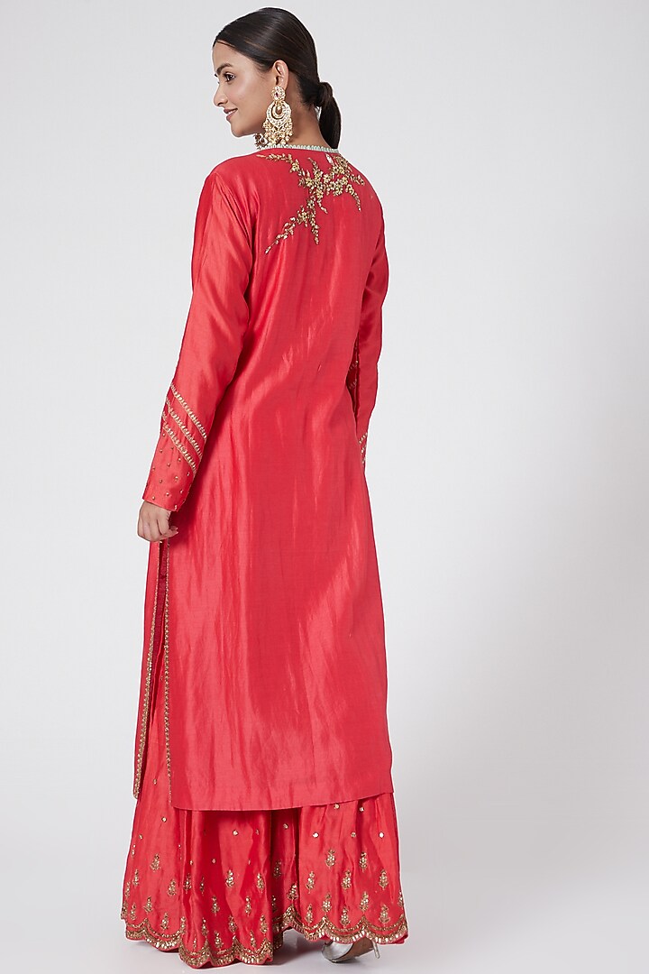 Tomato Red Hand Embroidered Gharara Set by Joy Mitra at Pernia's Pop Up Shop