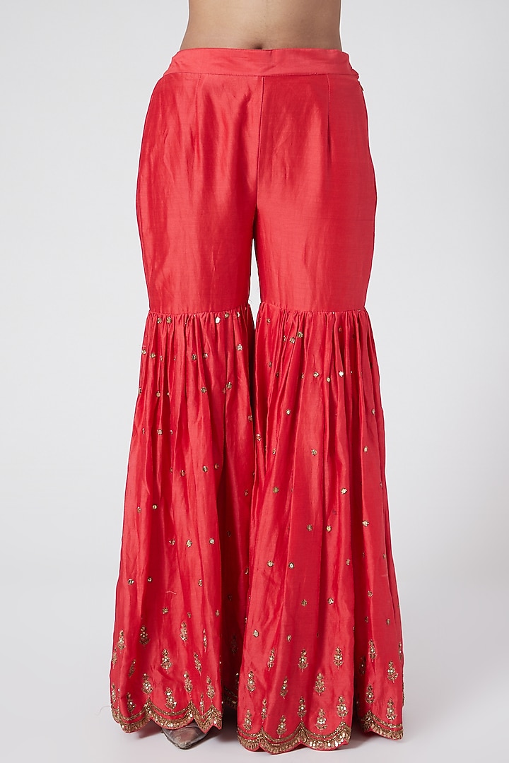 Tomato Red Hand Embroidered Gharara Set by Joy Mitra at Pernia's Pop Up Shop
