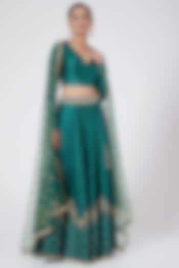 Forest Green Embroidered Wedding Lehenga Set by Joy Mitra at Pernia's Pop Up Shop