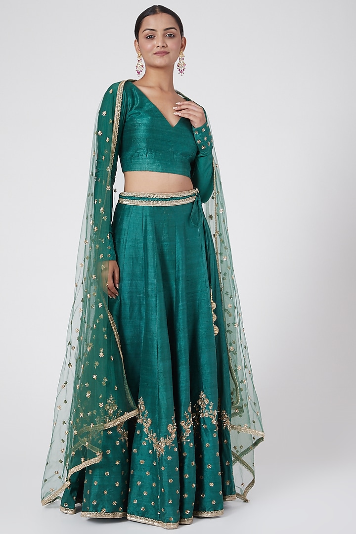 Forest Green Embroidered Wedding Lehenga Set by Joy Mitra at Pernia's Pop Up Shop