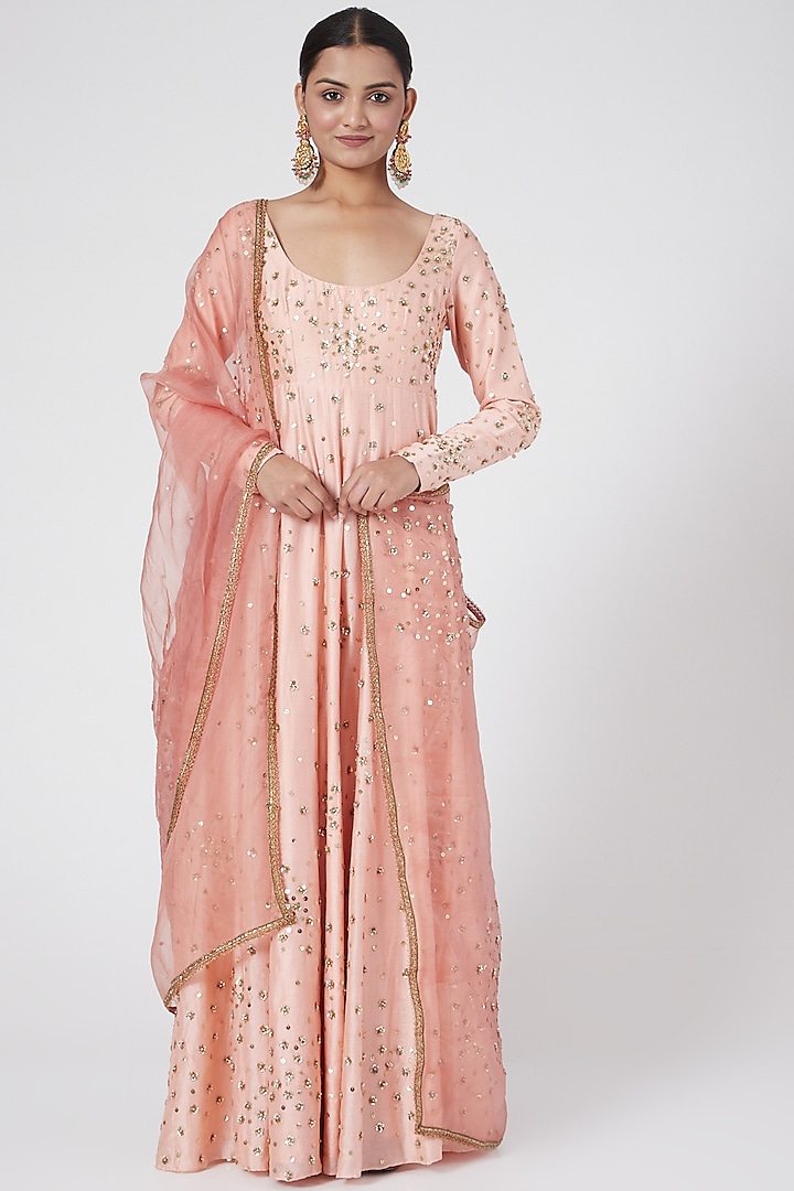 Blush Pink Embroidered Anarkali Set by Joy Mitra at Pernia's Pop Up Shop