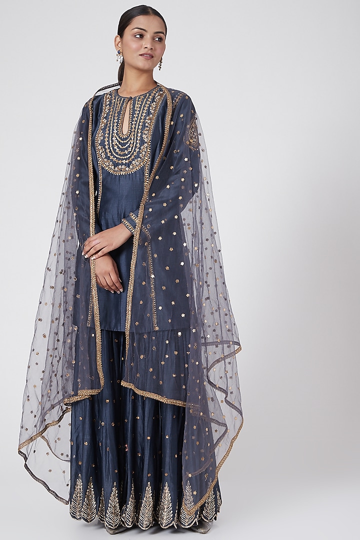 Indigo Blue Modal Sequins Embroidered Gharara Set by Joy Mitra
