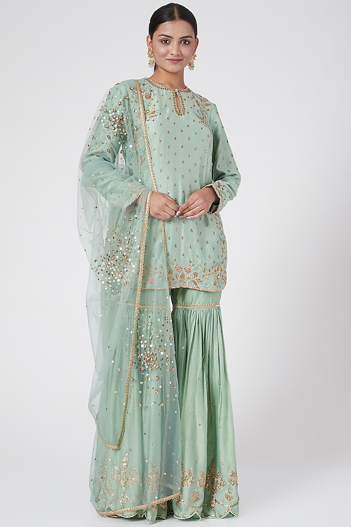 Mint Green Hand Embroidered Gharara Set by Joy Mitra