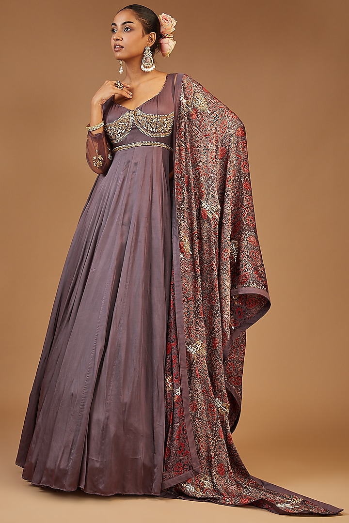 Purple Silk Embroidered Anarkali Set by Joy Mitra