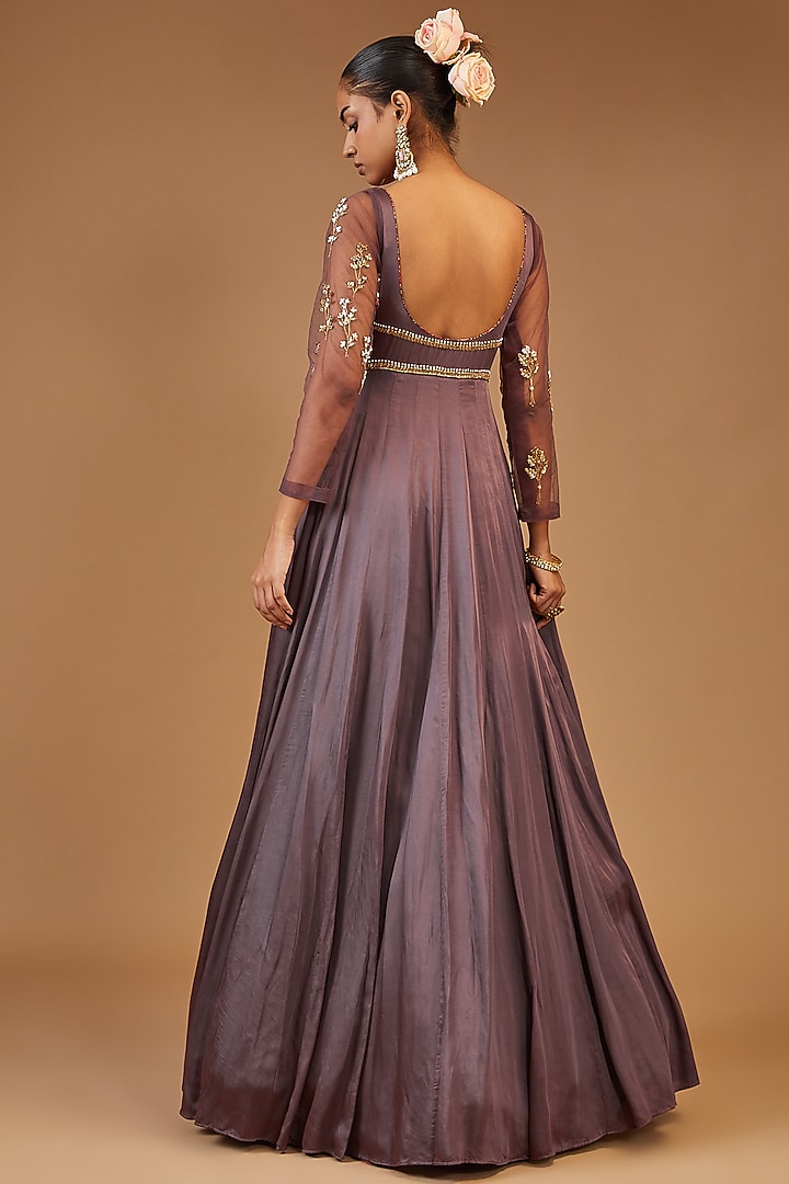 Purple Silk Embroidered Wedding Anarkali Set by Joy Mitra at Pernia's Pop Up Shop