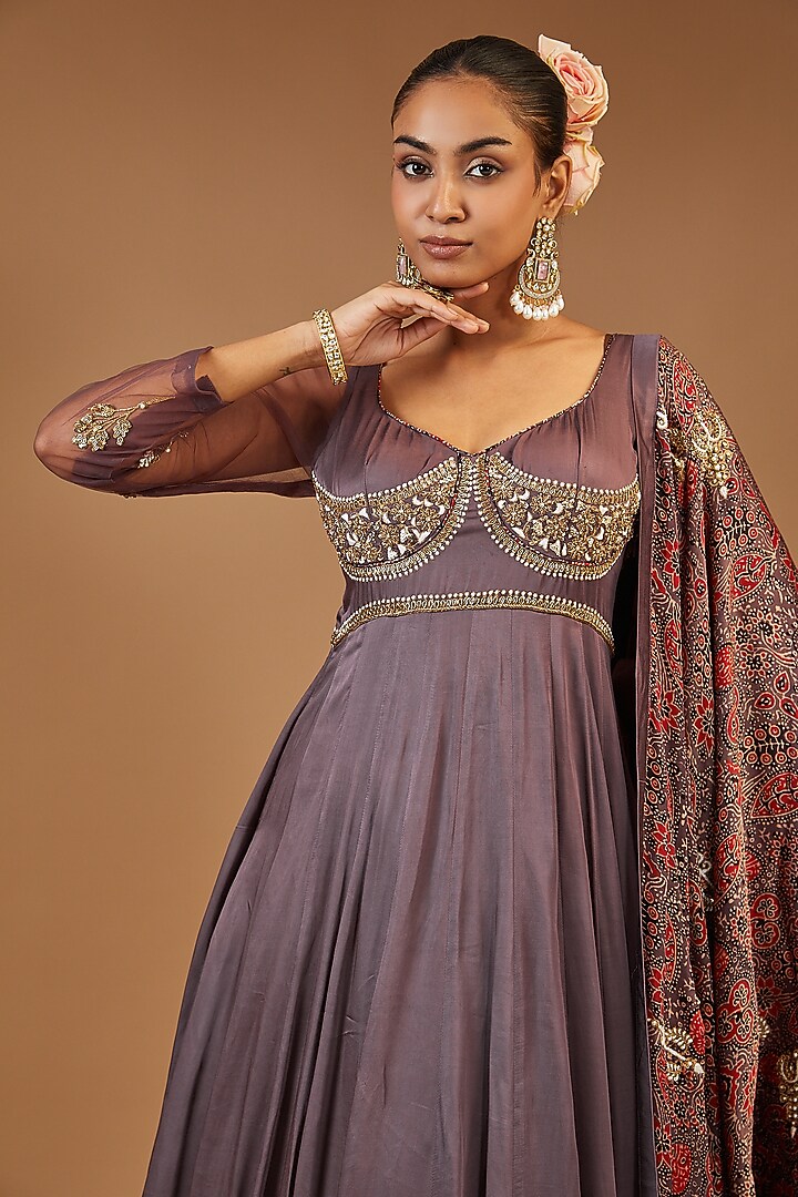 Purple Silk Embroidered Wedding Anarkali Set by Joy Mitra at Pernia's Pop Up Shop