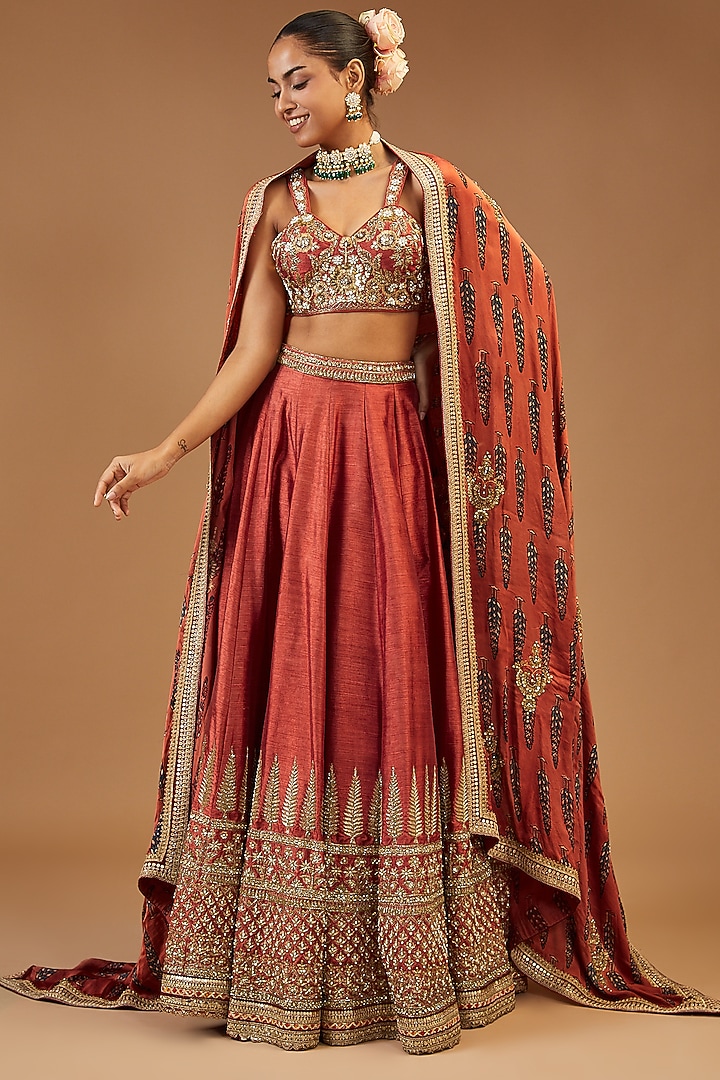 Rust Silk Hand Embroidered Bridal Lehenga Set by Joy Mitra at Pernia's Pop Up Shop