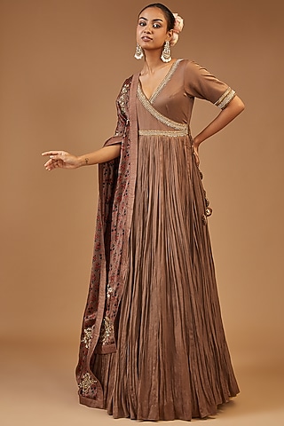 Vintage Brown Modal Silk Hand Embroidered Angrakha Set by Joy Mitra
