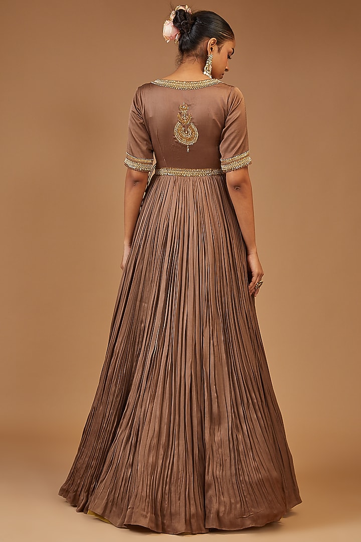 Vintage Brown Modal Silk Hand Embroidered Angrakha Set by Joy Mitra at Pernia's Pop Up Shop