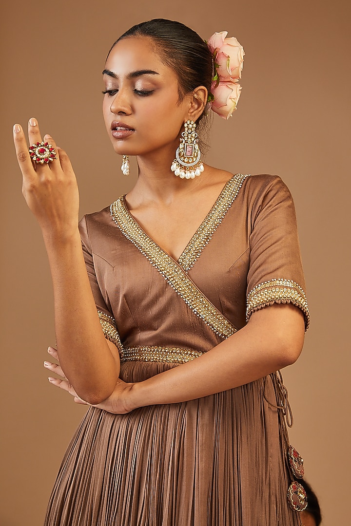 Vintage Brown Modal Silk Hand Embroidered Angrakha Set by Joy Mitra at Pernia's Pop Up Shop