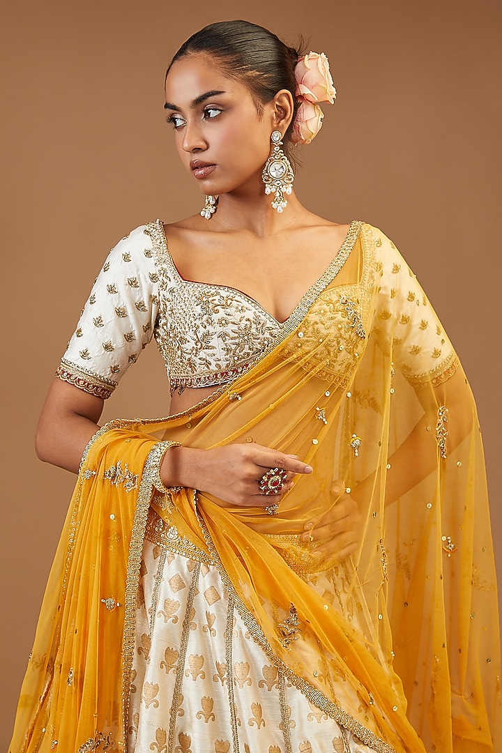 Ivory & Gold Silk Printed Wedding Lehenga Set by Joy Mitra at Pernia's Pop Up Shop