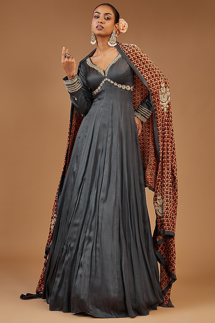 Grey Modal Silk Embroidered Anarkali Set by Joy Mitra