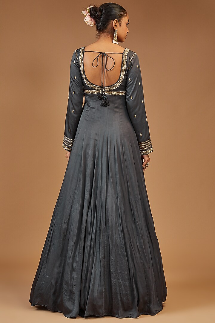 Grey Modal Silk Embroidered Wedding Anarkali Set by Joy Mitra at Pernia's Pop Up Shop