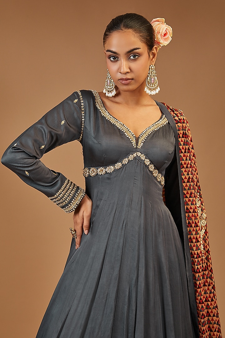 Grey Modal Silk Embroidered Wedding Anarkali Set by Joy Mitra at Pernia's Pop Up Shop