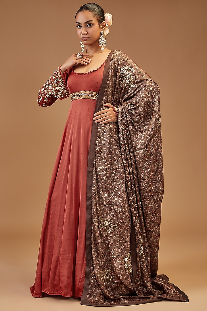 Maroon Modal Silk Embroidered Anarkali Set by Joy Mitra