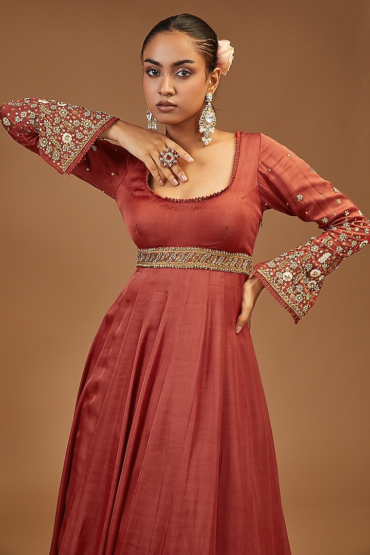 Maroon Modal Silk Embroidered Wedding Anarkali Set by Joy Mitra at Pernia's Pop Up Shop