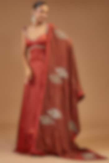 Red Silk Anarkali Set by Joy Mitra