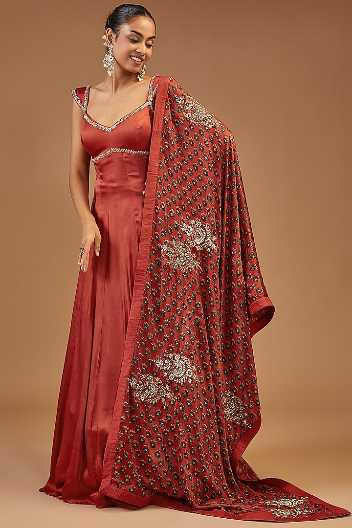 Red Silk Anarkali Set by Joy Mitra