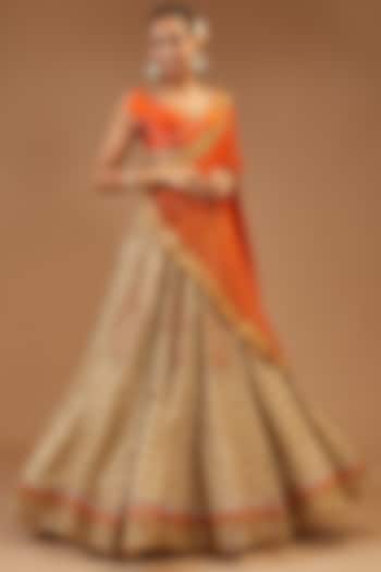 Beige Gold Silk Embroidered Bridal Lehenga Set by Joy Mitra at Pernia's Pop Up Shop