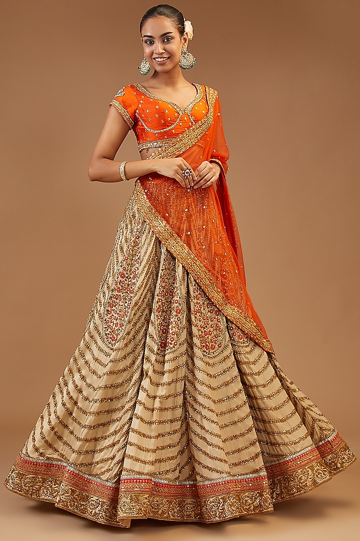 Beige Gold Silk Embroidered Bridal Lehenga Set by Joy Mitra at Pernia's Pop Up Shop