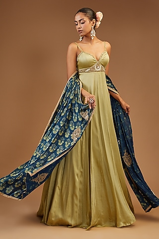 Lime Green Modal Silk Embroidered Anarkali Set by Joy Mitra