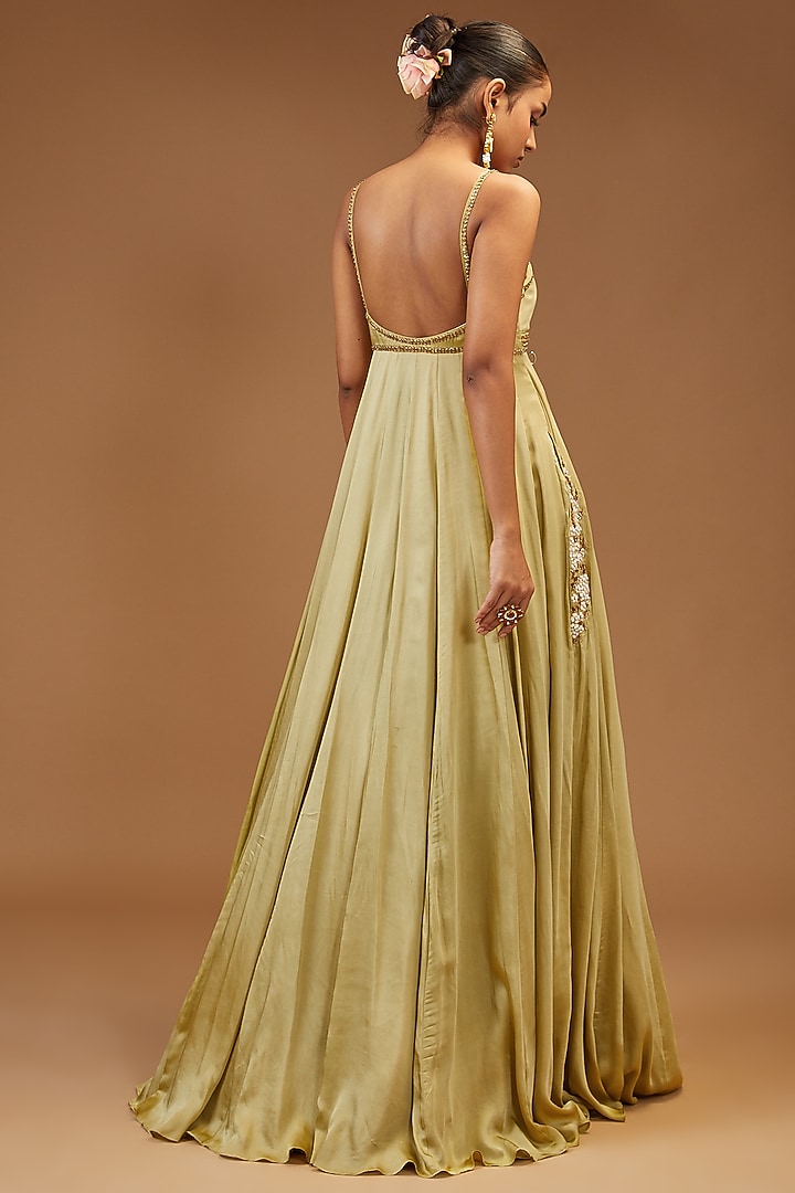 Lime Green Modal Silk Embroidered Wedding Anarkali Set by Joy Mitra at Pernia's Pop Up Shop