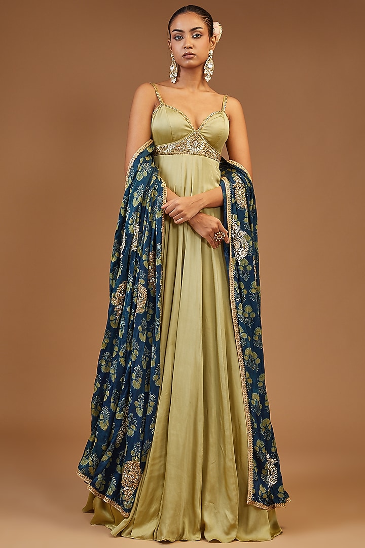 Lime Green Modal Silk Embroidered Wedding Anarkali Set by Joy Mitra at Pernia's Pop Up Shop