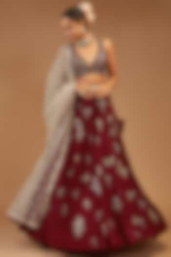 Maroon Silk Embroidered Wedding Lehenga Set by Joy Mitra at Pernia's Pop Up Shop