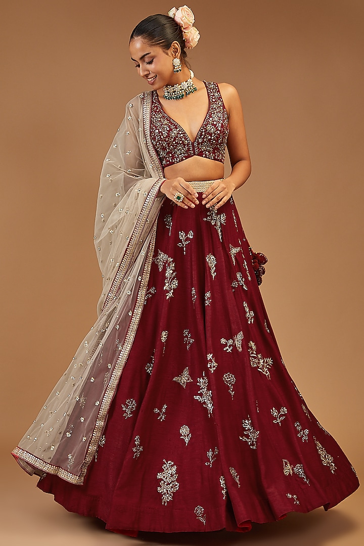 Maroon Silk Embroidered Wedding Lehenga Set by Joy Mitra at Pernia's Pop Up Shop