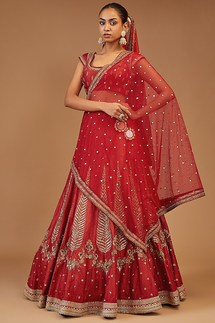 Red Silk Embroidered Lehenga Set by Joy Mitra